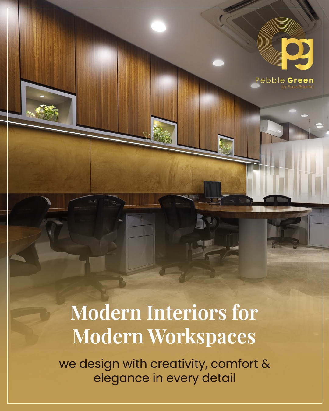 Modern office workstation interior with warm wood finishes